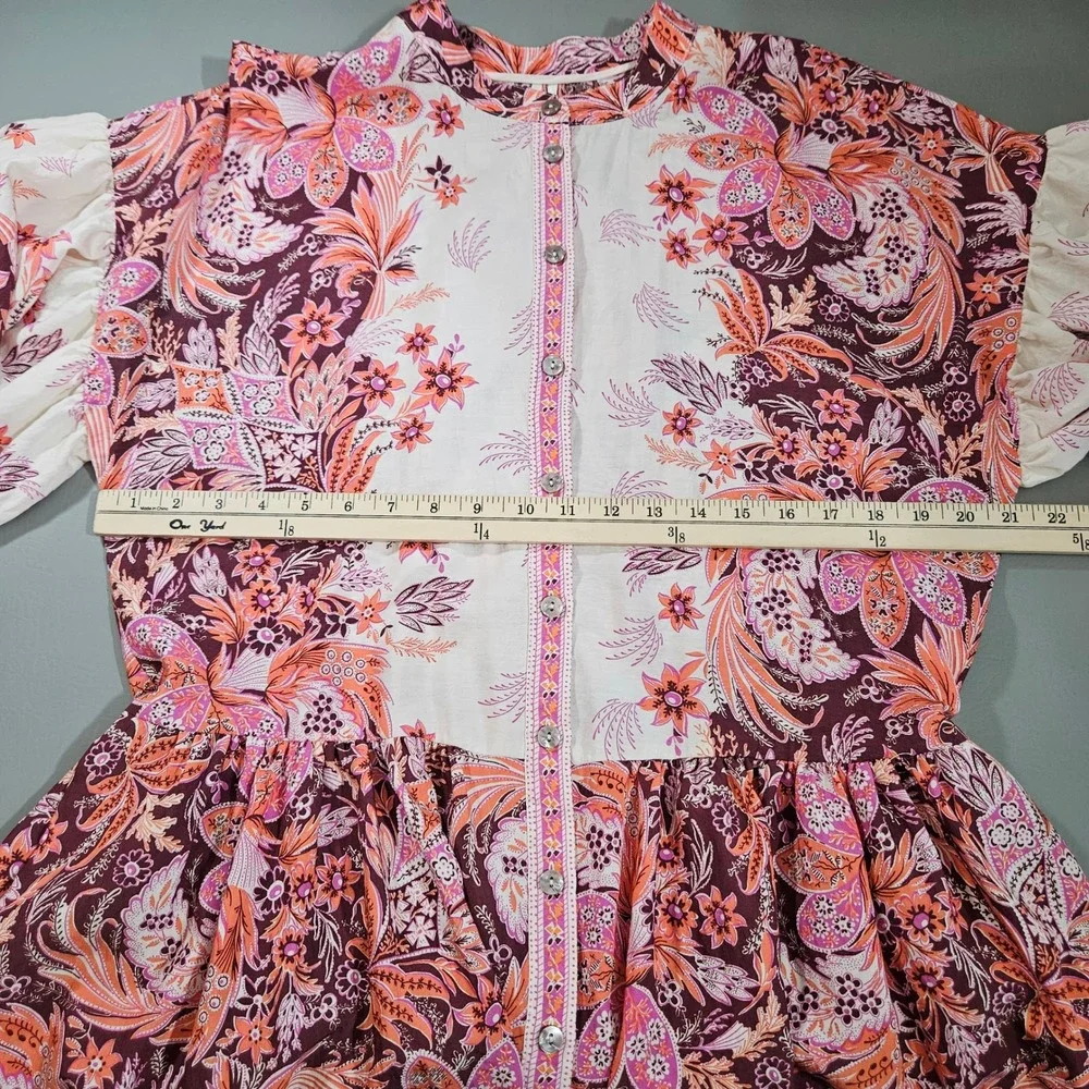 Free People Janelle Dress Floral Paisley Flutter Sleeve Tunic Mini Pink Orange M